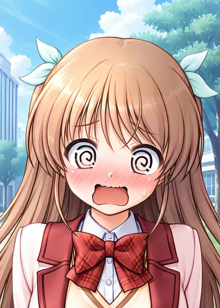 masterpiece, best quality, very aesthetic, absurdres, official art, official style, general, censored BREAK,
<lora:shirasakitsugumi_IL_v1-1:0.7>, shirasaki tsugumi, 1girl, solo, light brown hair, long hair, two side up, hair ribbon, white ribbon, light green ribbon, medium breasts, school uniform, blazer, pink jacket, open jacket, button, pocket, red bowtie, plaid bowtie, white shirt, collared shirt, yellow sweater vest, long sleeves, outdoors, day, blue sky, tree, cloud, building, city, grass, portrait, close-up,
blush, @ @, comic, frown, looking at viewer, meme, open mouth, parody, square mouth, wavy mouth