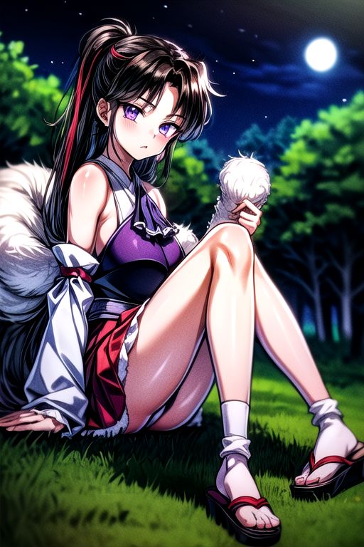 masterpiece,  best quality 1girl Setsun4 solo long hair,  (night time) forest background black hair very long hair purple eyes multicolored hair armor (fur trim) (medium body),<lora:EMS-179-EMS:0.800000>,<lora:EMS-293862-EMS:0.800000>ascot, bare shoulders, black footwear, detached sleeves, embellished costume, frills, japanese clothes, nontraditional miko, red skirt, sandals, sarashi, skirt, socks, armor, miko