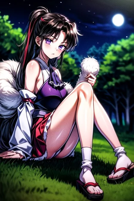 masterpiece, best quality 1girl Setsun4 solo long hair, (night time) forest background black hair very long hair purple eyes multicolored hair armor (fur trim) (medium body),<lora:EMS-179-EMS:0.800000>,<lora:EMS-293862-EMS:0.800000>ascot, bare shoulders, black footwear, detached sleeves, embellished costume, frills, japanese clothes, nontraditional miko, red skirt, sandals, sarashi, skirt, socks, armor, miko
