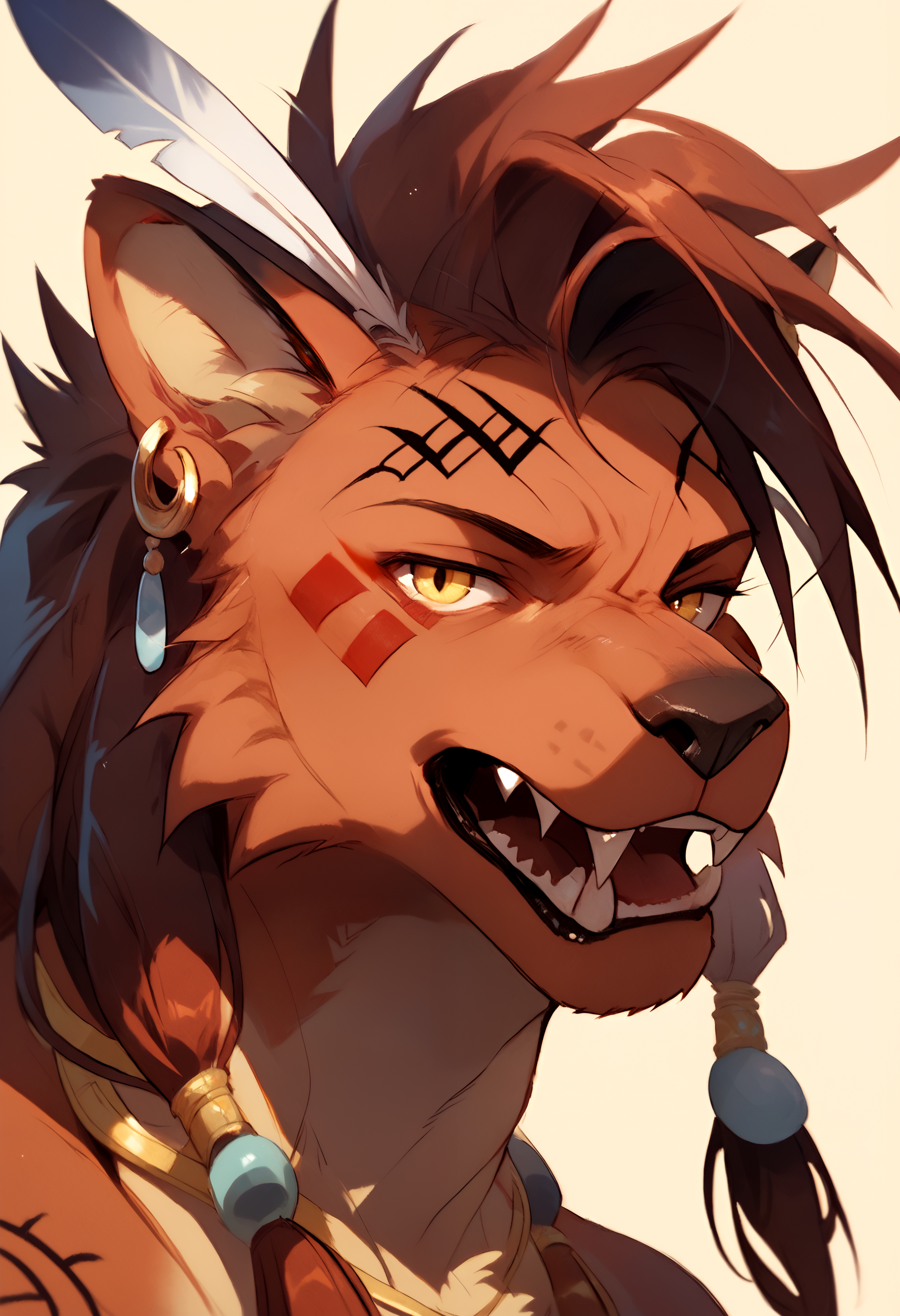 score_9, score_8_up, score_7_up, solo,  <lora:red_xiii-000002>, red xiii, bangle, beads, body markings, bracelet, claws, dog nose, earrings, facial mark, fangs, feather hair ornament, feathers, hair ornament, mane, red fur, red hair, feline, tribal, close up, looking at viewer,