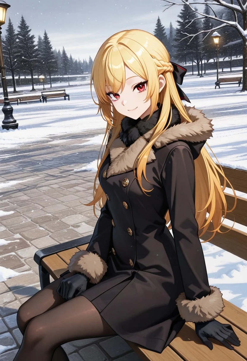 1girl, solo, anime coloring, anime artwork, unholy-aesthetic, masterpiece, best quality, newest, absurdres, highres, safe, CG, cinematic lighting, natural shadow, highest detail, detailed background, intricate scenery, depth of field, insane details, intricate, subsurface scattering, very aesthetic, serene atmosphere, artistic rendering, dramatic contrast, luminous elements, soft painterly texture, striking visual design, finely detailed face, beautiful face, dutch angle, cinematic angle, from side,
looking at viewer, kind smile,
sitting, sitting on bench,
park, tree, lamp post, snow, cobblestone,
<lora:kaelaIL:0.45> kaelaIL, long hair, french braid, blonde hair, red eyes, tsurime,
<lora:VintageFurTrimCoatILL:0.8> fur trim, fur-trimmed coat, coat, pantyhose, gloves, fur-trimmed gloves, (black gloves:1.5)