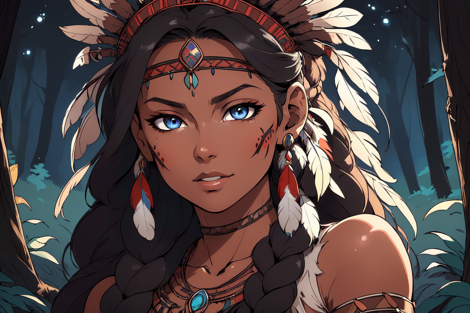 a woman hiding in a forest, at night, dark, moonlight,,beautiful eyes, beautiful girl, high detail skin, high detail eyes, high detail hair, highres, ultra detailed, sharpen picture, Highly detailed, masterpiece, best quality, photorealistic, 
 <lora:NativeAmericanGirlLoRA:1> 1girl, long hair, native american, dark skin, feathers, hair ornament, jewelry, necklace, tribal, headdress, armlet, facepaint, braid, bracelet,  PA7_Portrait-ECU