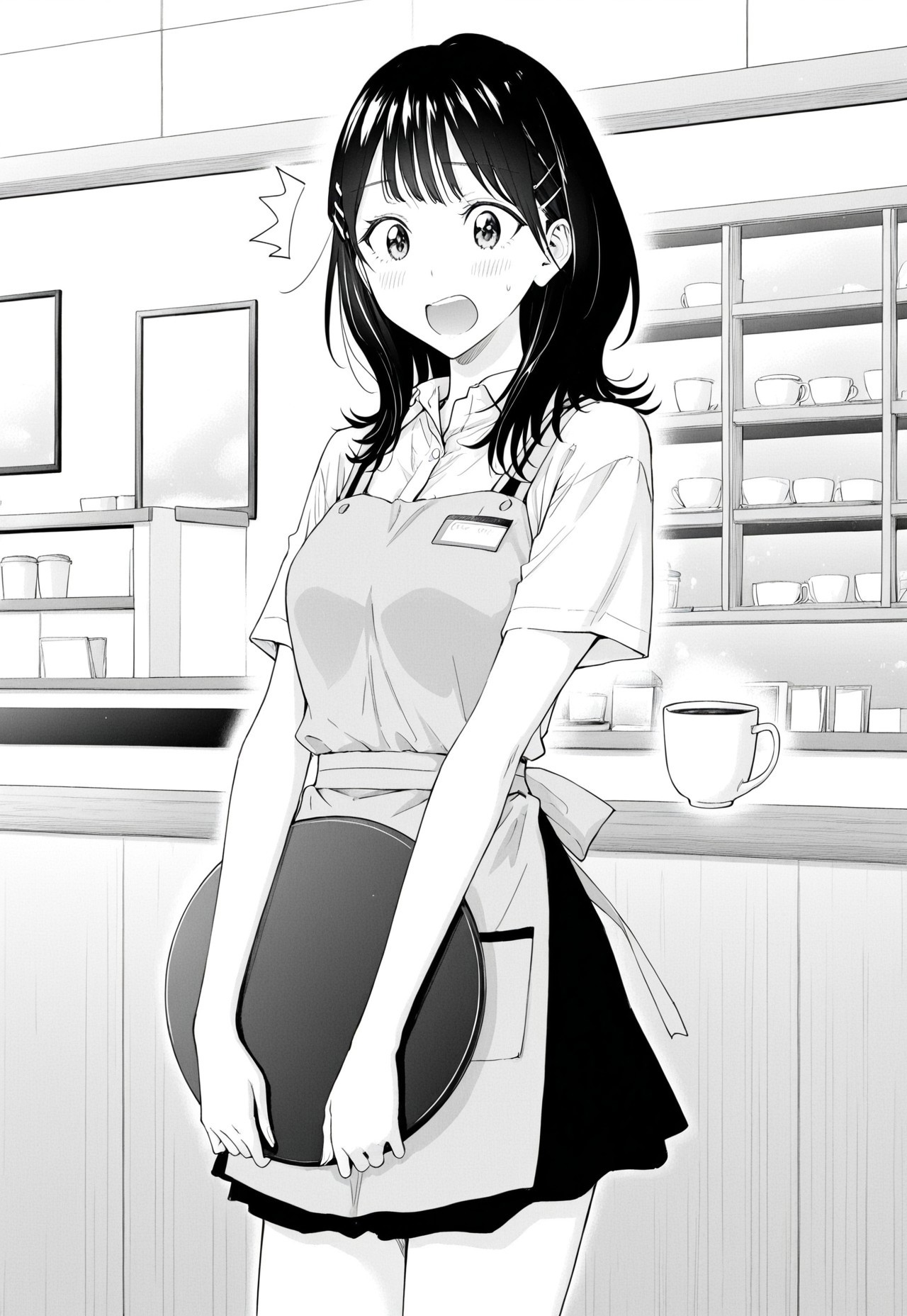 honoka kanai, medium-length dark hair, soft eyes, straight bangs, medium chest, slim waist, monochrome, coffee shop waitress uniform, apron over short-sleeved blouse, skirt, visible hairclip, holding a tray with a cup, looking pleasantly surprised, slightly tilted pose, 1girl, solo