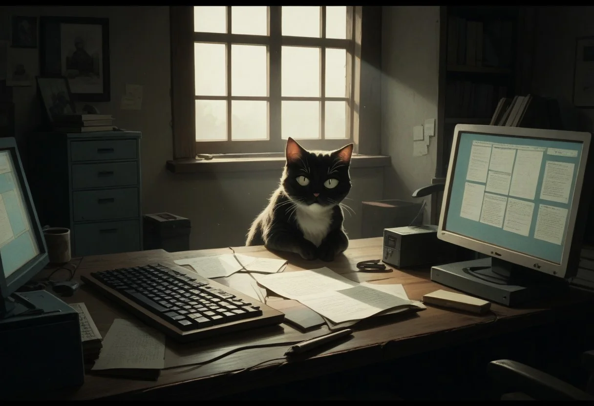 score_9, score_8_up, score_7_up, source_anime,
anime screencap, soft lighting, muted colors, high contrast, whimsical, detailed, high-definition, intricate details, cinematic,
BREAK
PC with BSOD, PC, blue screan of death,
cat lies on the keyboard,
indoors, cozy room,
retro,