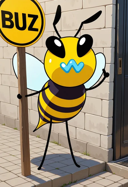 A bee, asking for buzz with a sign, sign that says buzz