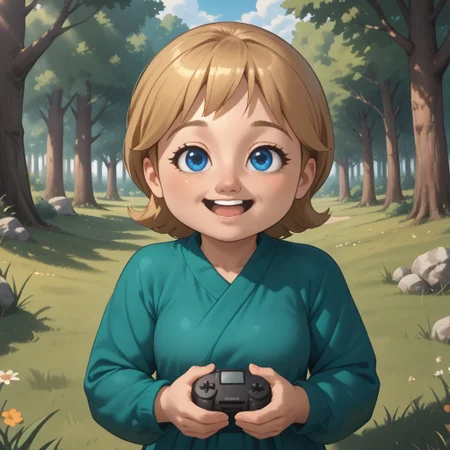 score_9, score_8, BREAK, solo, mii, wii, wii sports resort, 1girl, female mii, cute, blonde hair, black blue eyes, rare eyes, tree shaped nose, open mouth, buck tooth, double chin, chubby, chubby female, dark green clothing, white pants, barefoot, Megan_(\Wii_Sports_Resort\), Nintendo Mii, modern_mii, classic_mii, big breasts, sexy pose, self portrait, smile, outdoors, sunlight, shadows, evening lighting, natural lighting, forest, trees, grass, orange sky, sunset, sitting, soles