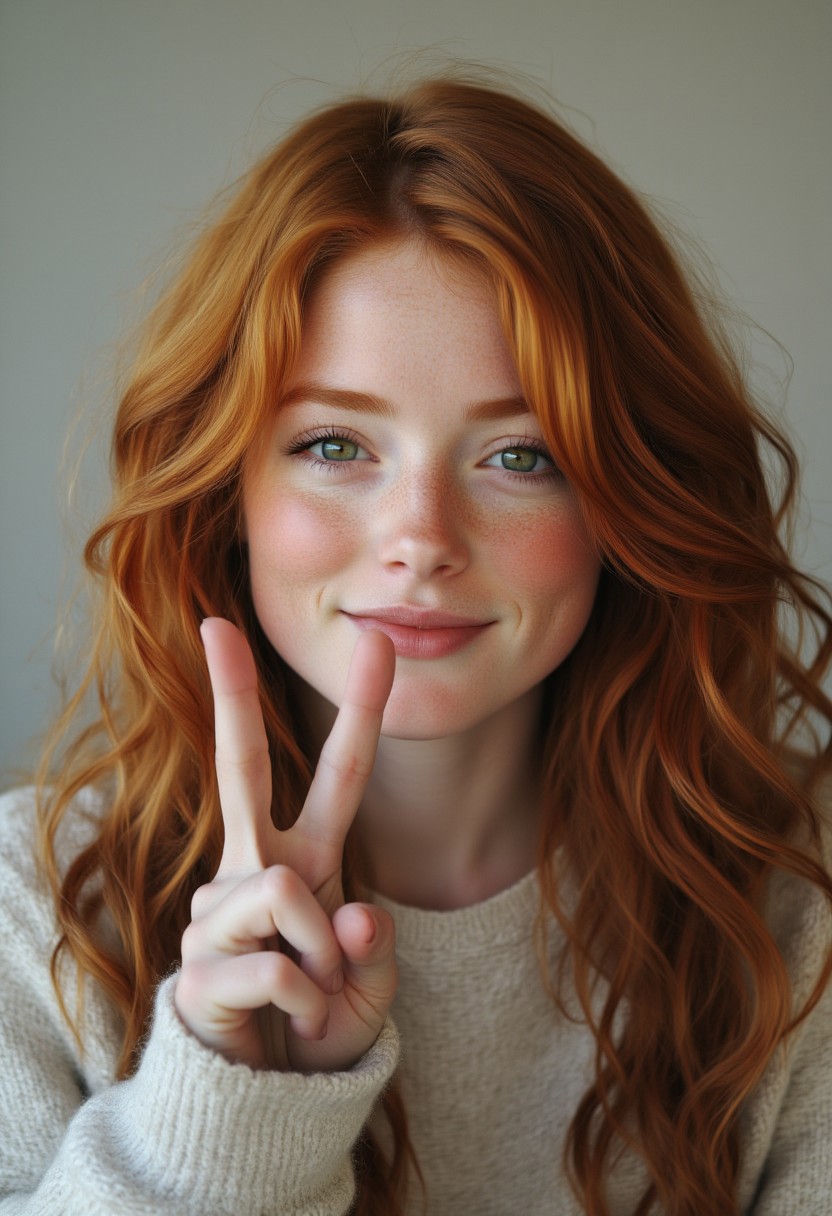 FictionalSabrina A red head girl with green eyes, doing a peace sign with her hand and smirking