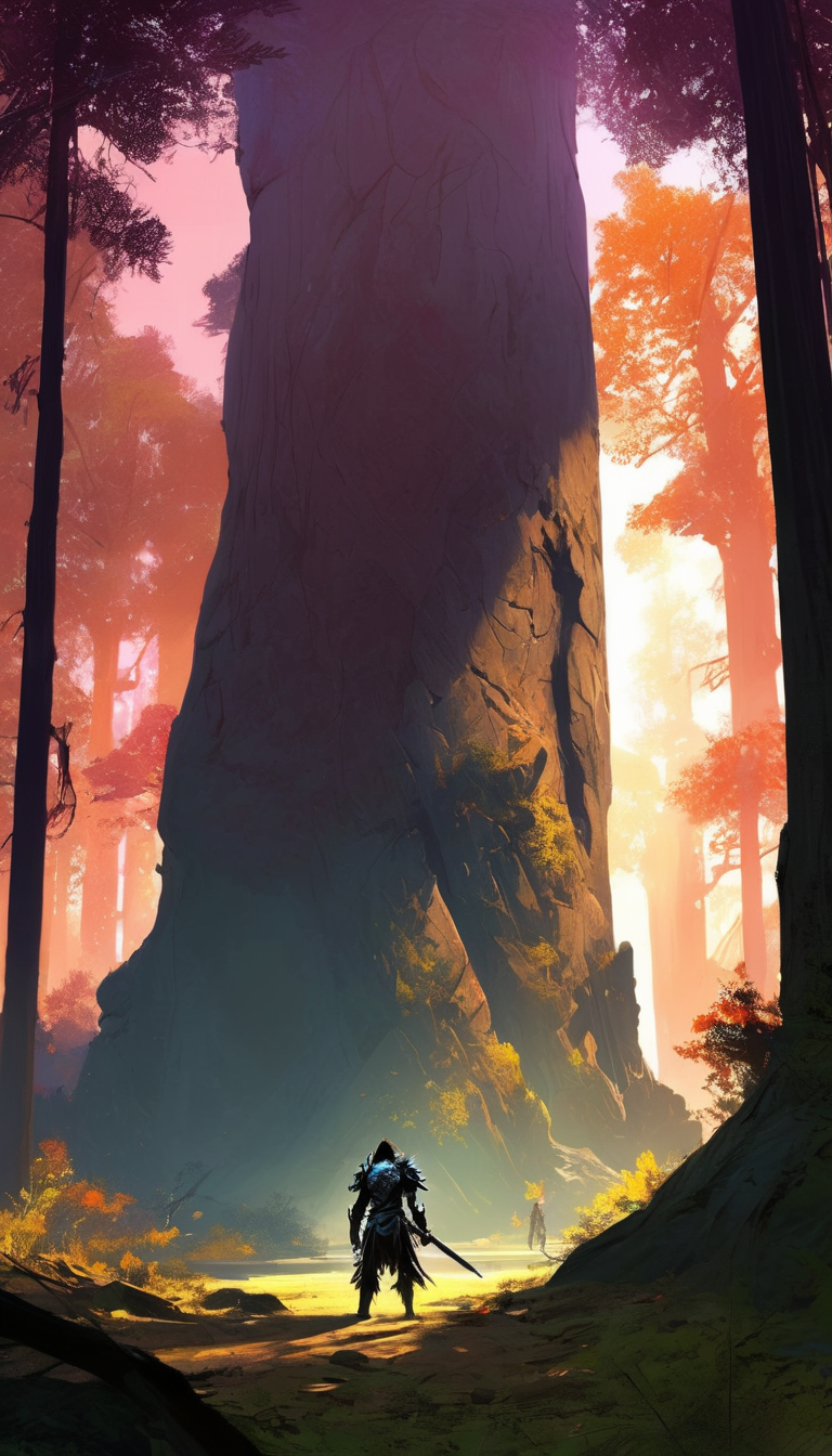 Cinematic scene,  imagine a vast and mysterious forest, filled with ancient trees and towering cliffs. The sun sets behind the horizon, casting long shadows across the forest floor. A lone figure stands at the edge of the forest, their eyes fixed on the horizon, masterpiece, best quality, high quality, absurdres, vivid, guild wars 2 <lora:guild_wars_xl_v3:1>