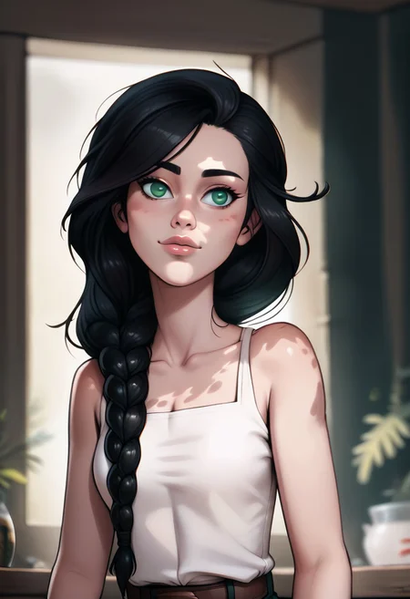 score_9, score_8_up, score_7_up, score_6_up, PRSNL_3_1, w_g_f, uncensored, 1girl, pupils black dots, lips, (((upper body))),
warm light,
(realistic),
heather_tre, 1girl, black hair, long hair, single braid, hair over shoulder, green eyes, pauldrons, breastplate