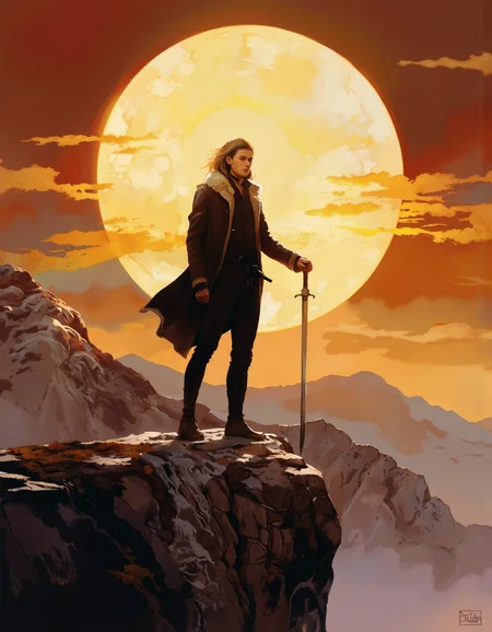Art by Jeffrey Catherine Jones. A digital illustration shoot from the side about a solo male figure standing on a rocky outcrop, silhouetted against a vibrant sunset backdrop with a large, glowing circle behind them. the image also shows dramatic lighting and shadows. on the middle of the image, a young man, who appears to be in his early twenties, stands confidently on the edge of a cliff, facing the viewer with a determined expression. he has long, dark hair and is wearing a black, fur-lined jacket and black pants. his sword is held firmly in his right hand, and his left hand is outstretched, as if ready for battle. the man's body is slim, and he is standing with his back to the viewer, giving a sense of power and strength. the background features a vast, rocky landscape with distant mountains, and the sky is filled with warm, orange hues, creating a dramatic and moody atmosphere. the artist's signature is visible in the bottom right corner, adding a personal touch to the image.