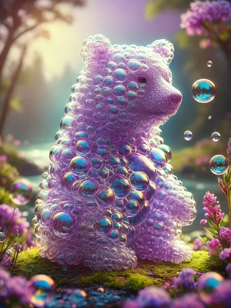 very detailed Bear made of soapbubbles, awesome appearance, magical landscape with enchanted elements, fantasy art style, blue-violet theme, intricate details, ultra sharp, exquisite detail, flawless composition, vivid colors, masterpiece, exciting background <lora:bubbles_lora_xl_webui:1>