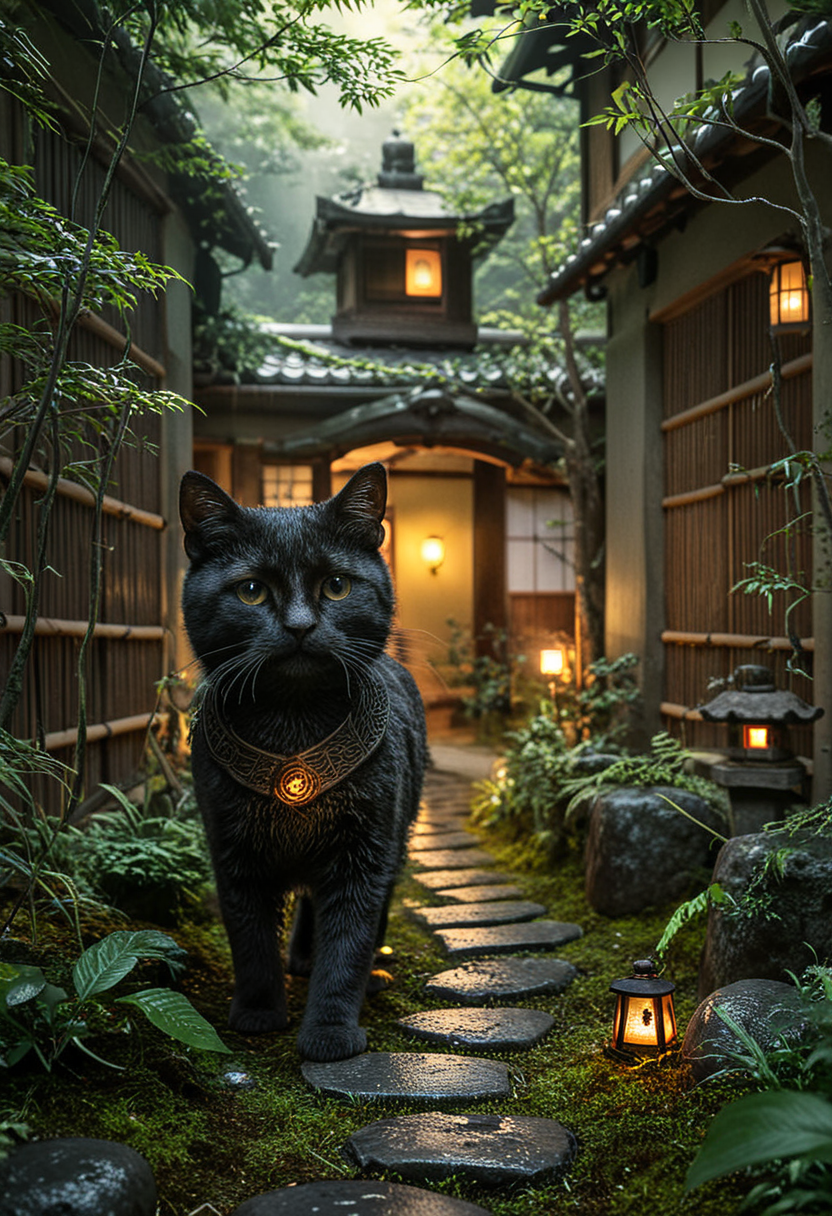 d577:0.25, A realistic Japanese courtyard garden with moss-covered mounds,natural stones and neatly arranged stepping stones forming a winding path, wabi-sabi aesthetics, spatial layering, and material harmony, a black cat walking down a path in a garden with a lit lantern in the middle of the path is a path that leads to a path, trees and foliage and house and shack is in background on left side of picture in foreground on right and night time, cinematic lighting, glossy paper, iso150, 35mm, score_9, score_8_up, score_7_up, intricate details, Hyperrealism style, 3d, concept-art, dreaminess, psychedelic, shallow-depth-of-field, cinematic lighting, soft bokeh, very beautiful composition, Unreal, real-time 3D, Epic Games style, Unreal Engine style, 3d-rendering, vibrant contrast depth and shadow enhanced using (Gaussian blur) for a soft background focus, (sharpen filter) applied, (color grading) to enhance contrast between warm and cool tones, (noise reduction) for a smooth, clean finish, (HDR toning) used for extra depth and detail, highly detailed dreamy background detailed skin texture, subsurface scattering award-winning, professional, highly detailed . dreamlike, mysterious, provocative, symbolic, intricate, detailed, hyper-detailed, masterpiece, award winning, midjourneyv6.1