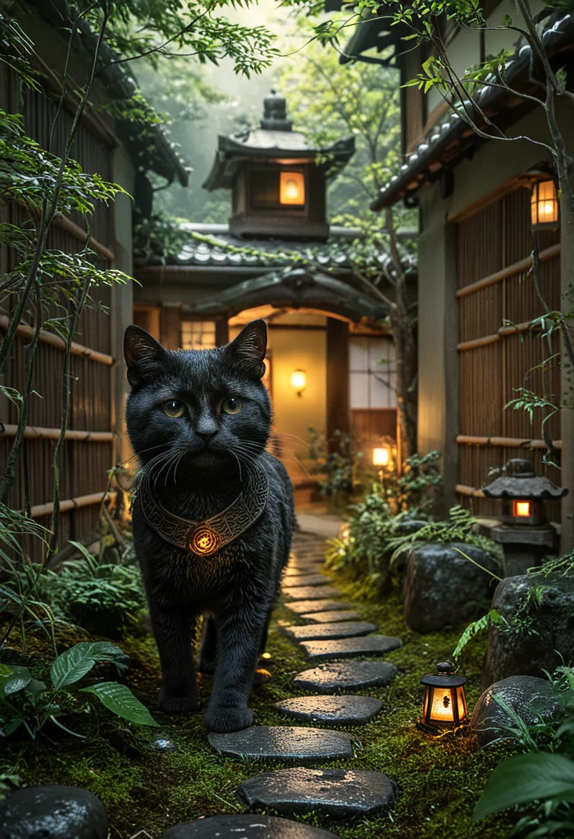 d577:0.25, A realistic Japanese courtyard garden with moss-covered mounds,natural stones and neatly arranged stepping stones forming a winding path, wabi-sabi aesthetics, spatial layering, and material harmony, a black cat walking down a path in a garden with a lit lantern in the middle of the path is a path that leads to a path, trees and foliage and house and shack is in background on left side of picture in foreground on right and night time, cinematic lighting, glossy paper, iso150, 35mm, score_9, score_8_up, score_7_up, intricate details, Hyperrealism style, 3d, concept-art, dreaminess, psychedelic, shallow-depth-of-field, cinematic lighting, soft bokeh, very beautiful composition, Unreal, real-time 3D, Epic Games style, Unreal Engine style, 3d-rendering, vibrant contrast depth and shadow enhanced using (Gaussian blur) for a soft background focus, (sharpen filter) applied, (color grading) to enhance contrast between warm and cool tones, (noise reduction) for a smooth, clean finish, (HDR toning) used for extra depth and detail, highly detailed dreamy background detailed skin texture, subsurface scattering award-winning, professional, highly detailed . dreamlike, mysterious, provocative, symbolic, intricate, detailed, hyper-detailed, masterpiece, award winning, midjourneyv6.1