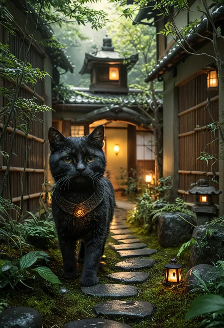 d577:0.25, A realistic Japanese courtyard garden with moss-covered mounds,natural stones and neatly arranged stepping stones forming a winding path, wabi-sabi aesthetics, spatial layering, and material harmony, a black cat walking down a path in a garden with a lit lantern in the middle of the path is a path that leads to a path, trees and foliage and house and shack is in background on left side of picture in foreground on right and night time, cinematic lighting, glossy paper, iso150, 35mm, score_9, score_8_up, score_7_up, intricate details, Hyperrealism style, 3d, concept-art, dreaminess, psychedelic, shallow-depth-of-field, cinematic lighting, soft bokeh, very beautiful composition, Unreal, real-time 3D, Epic Games style, Unreal Engine style, 3d-rendering, vibrant contrast depth and shadow enhanced using (Gaussian blur) for a soft background focus, (sharpen filter) applied, (color grading) to enhance contrast between warm and cool tones, (noise reduction) for a smooth, clean finish, (HDR toning) used for extra depth and detail, highly detailed dreamy background detailed skin texture, subsurface scattering award-winning, professional, highly detailed . dreamlike, mysterious, provocative, symbolic, intricate, detailed, hyper-detailed, masterpiece, award winning, midjourneyv6.1