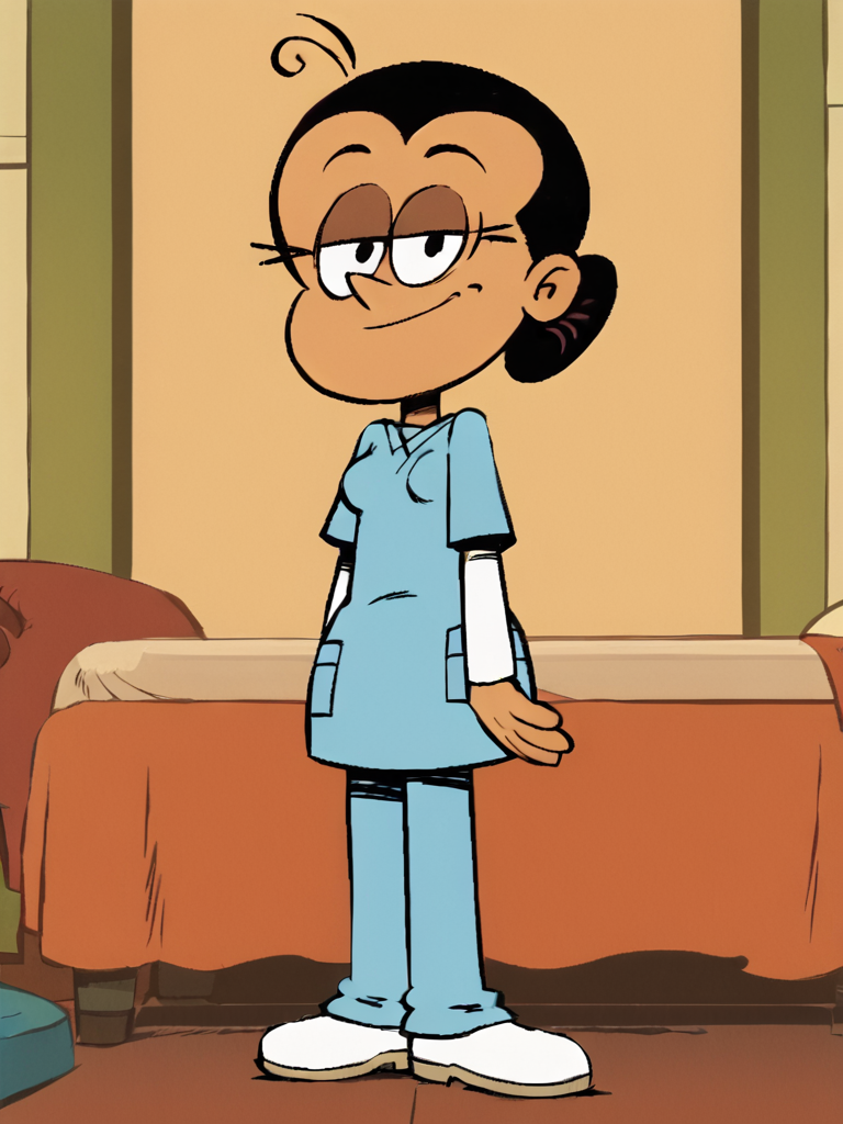 Maria, scrubs, 1girl, solo, smile, black hair, white footwear, shirt, full body, standing, hair bun, looking at viewer, layered sleeves, black eyes, long sleeves, half-closed eyes, ahoge score_9, score_8_up, score_7_up, score_6_up, score_5_up, score_4_up, looking at viewer, indoors,<lora:MariaSantiagoPony1.0:1> smile,