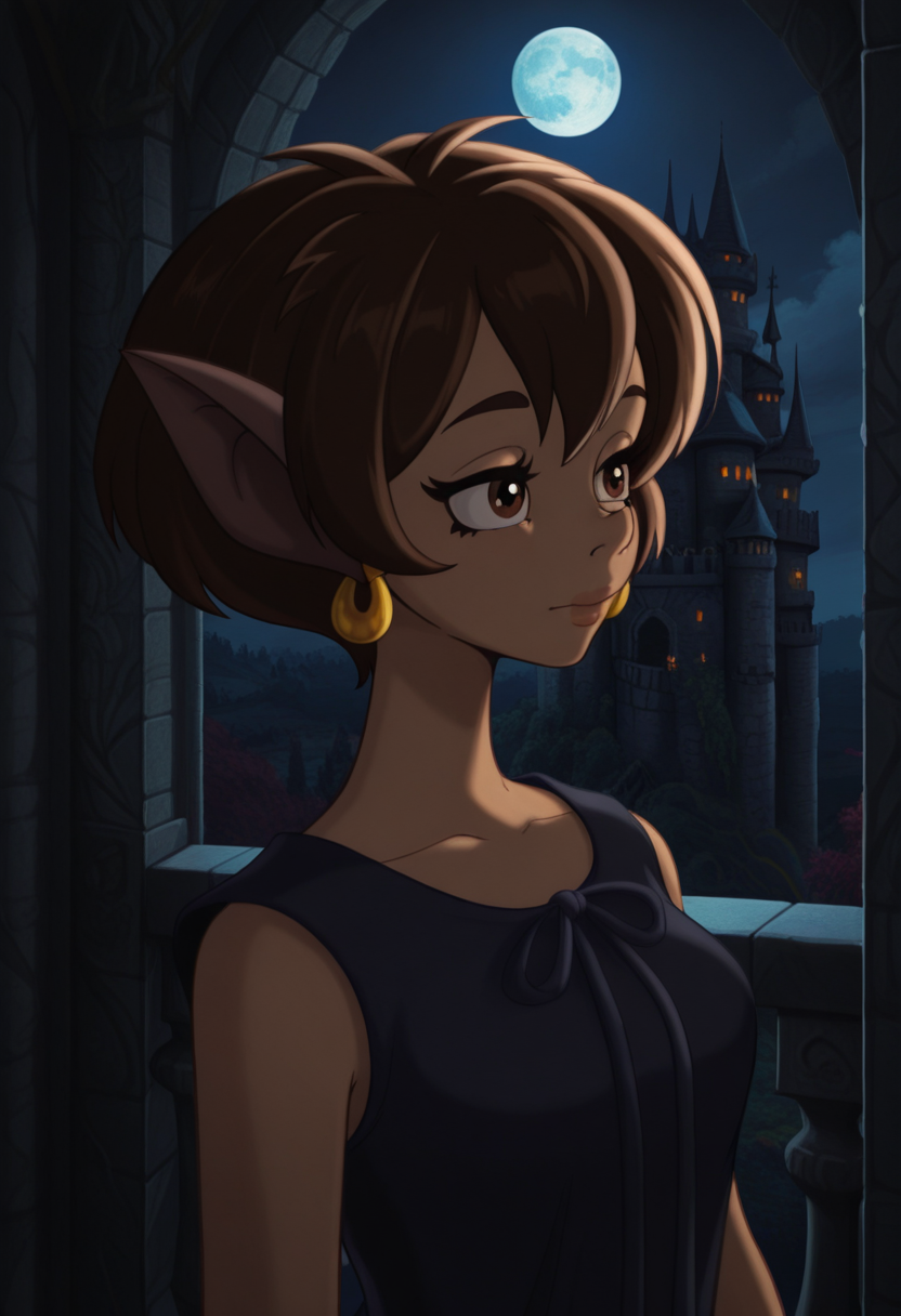 Graphic Design, color art, vibrant colors, colorful, intricate details, high contrast, detailed background, beautiful detailed, beautiful face, detailed eyes, detailed face, new, 1girl, solo, n41n4, brown hair, short hair, brown eyes, animal ears, earrings, black dress, sleeveless, portrait, dark, castle, night, moon, balcony, (masterpiece, best quality, newest, recent, absurdres),