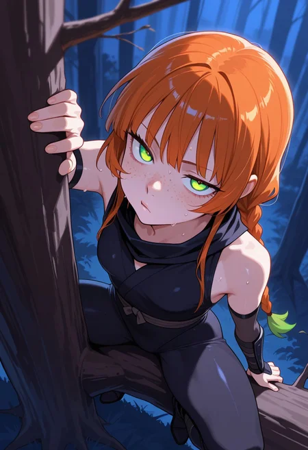 Score 9, Score 8, Score 7, Masterpiece, Superior Quality, Amazing Quality, Masterpiece, Maximum Quality, Ultra-detailed, Dynamic Angle, Dynamic Composition, Alone, White Frame, Maximum Contrast, Saturated Color, Bright Colors, Dynamic Lighting, alone, 20 years old, female body,
1 girl, Medium Shot, Full Body, Slim Body,
Night forest, treetops, tall trees, from above,
A girl, dark ninja outfit, glowing green eyes, ninja pose, secret pose, a sexy girl, tight outfit, stalking, moonlight, good lighting, vibrant colors, contrasting lines, a girl, bright fluorescent green eyes, big eyes, tired eyes, alone, masterpiece, high quality, ultra-detailed, long hair, orange hair with green tips, medium bangs, oval face, triangular jaw, long eyelashes, freckles on cheeks, upturned nose, thin lips, dark circles under her eyes, thin neck, young, twenty-something, two long braids, medium bangs, thick thighs, medium chest, slim, medium chest, dramatic angle, on top of a tree, (((on top of a tree branch))), crouching, stalking, from above, looking at her victim, epic angle, hot, sweating, bored,