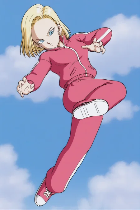 source_anime, score_9, score_8_up, score_7_up, anime screencap,
detailed face, android 18, supertop, , 1girl, solo, looking at viewer, short hair, blue eyes, blonde hair, city, street, standing, full body, from behind, flying kick towards viewer, midair, collar up, track jacket, pink jacket, track suit, track pants, pink pants, sneakers, shoe soles,
<lora:c18_pony_v1:0.8>