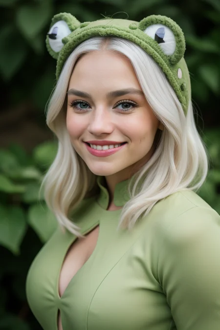 Selfie portrait, epiCPhoto smile, white hair, in frog costume, eliselastnamesd15 <lora:FROG:0.8> Frog costume B, animal costume, frog costume, Frog costume A