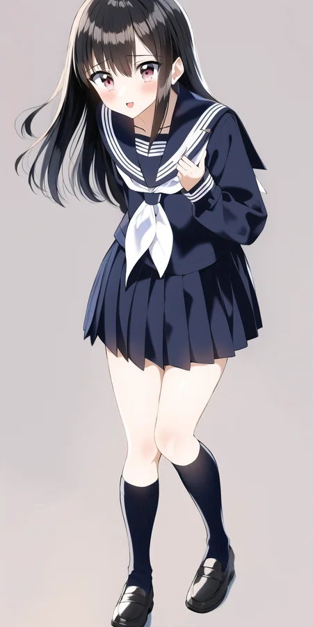 1girl, school uniform, serafuku, neckerchief, sailor collar, pleated skirt, bare legs, thighs, shoes, socks,
full body, standing,
<lora:PentagonRailgunStyle:1>,
simple background, white background,