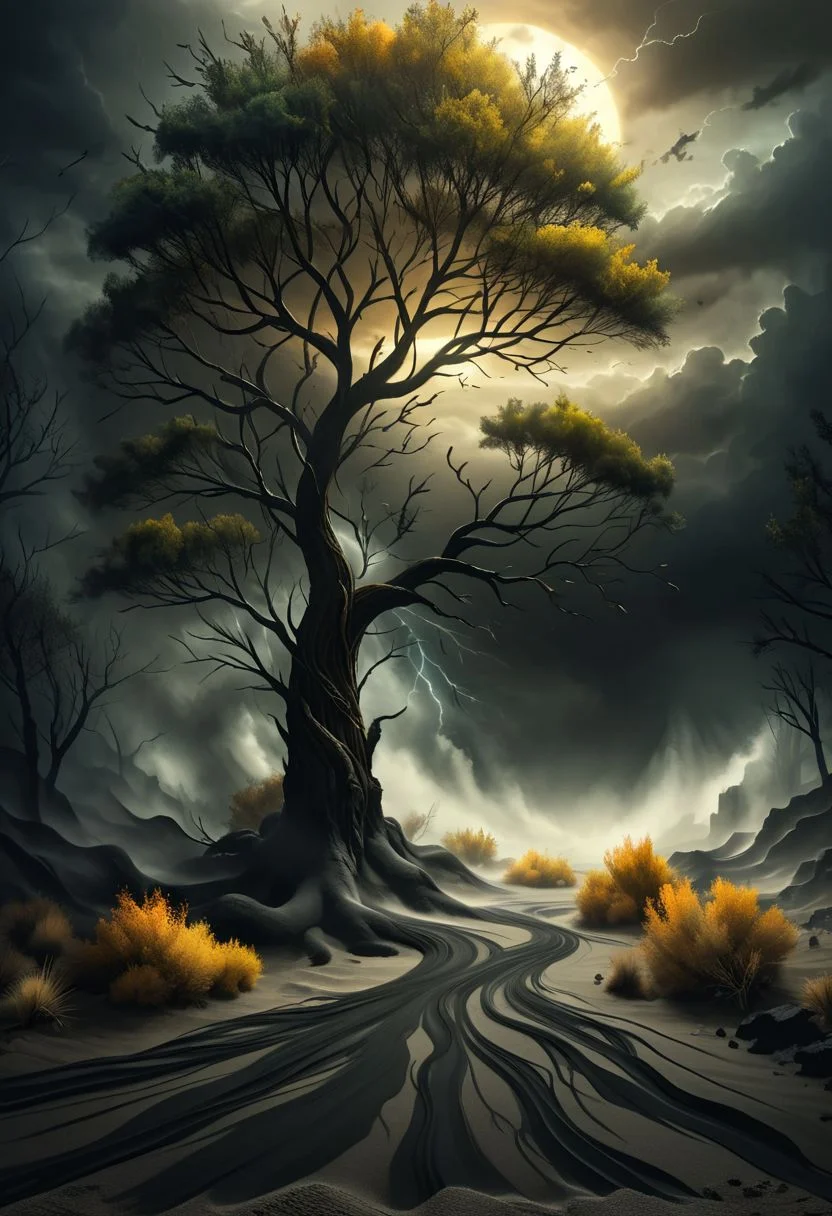 (The fine painting shows a threatening sky with dark clouds forming a vortex blowing away the black sand of a desert land), tree leaves blowing away, dust, autumn season, raw power and majesty of wind, dramatic lighting, film noire aesthetic, deep shadows, <lora:add-detail-xl:1>, <lora:ral-ertmsphr-sdxl:1>, <lora:dvr-lnds-sdxl:0.15>,<lora:artfullyTREETTREET_SDXL_V1:1>