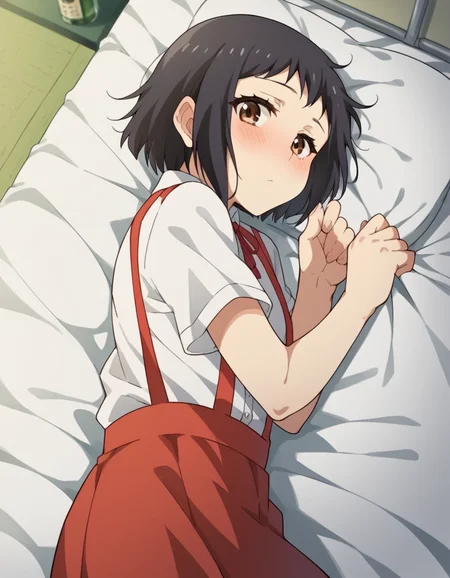 score_9, score_8_up, score_7_up, source_anime, <lora:hanako-hasegawa-ova-ponyxl-lora-nochekaiser:1>, hanako hasegawa, short hair, black hair, brown eyes,, skirt, shirt, ribbon, school uniform, white shirt, red ribbon, suspenders,, indoors, bed, bed room, on side, blush, drunk, looking at viewer, solo,, cowboy shot, dutch angle