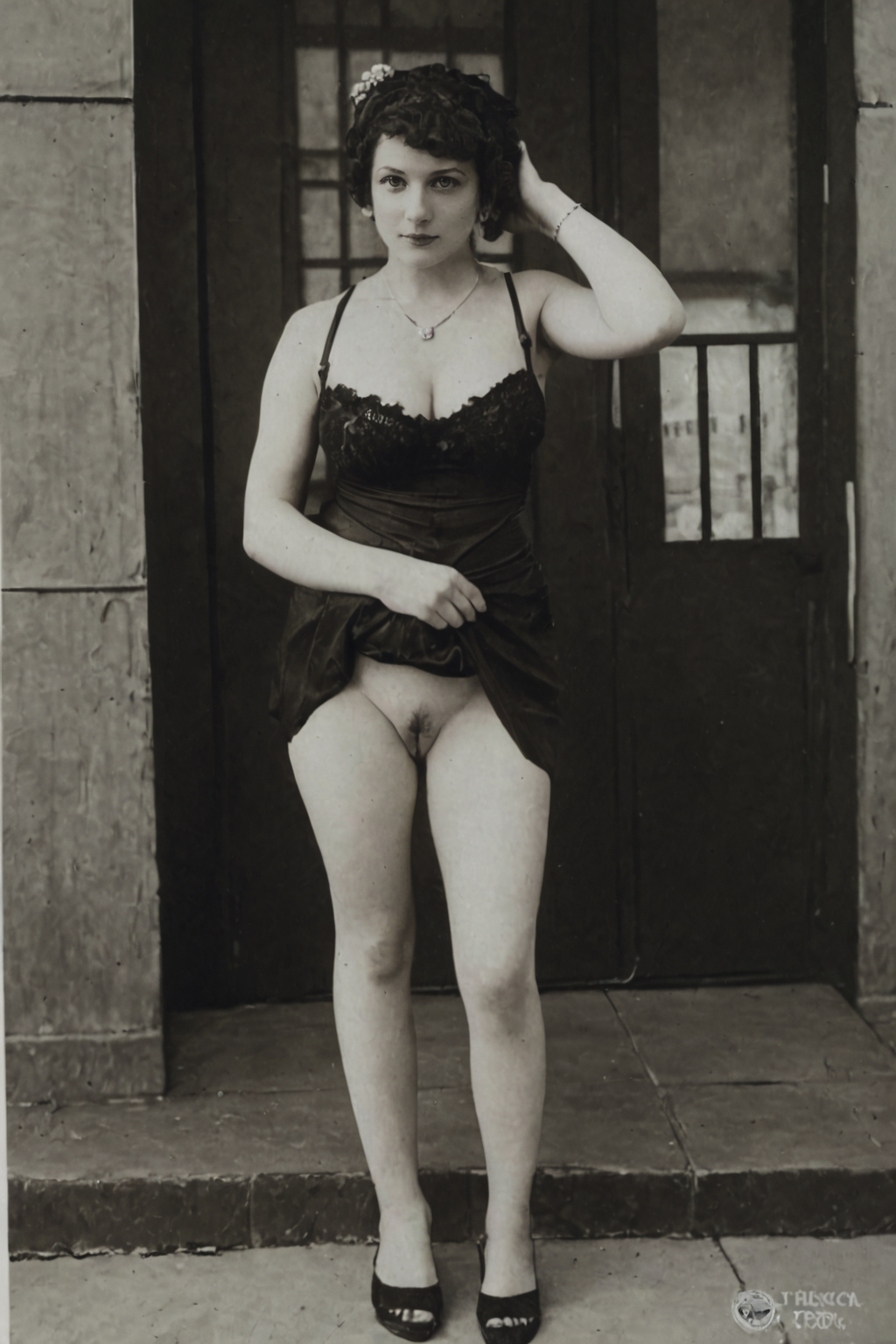 cabcard, sepia, monochrome, 1girl, wearing black lace, prostitute, large breasts, cleavage, standing in the street of an old western town, showing pussy  <lora:Cabinet_Cards:1.5>