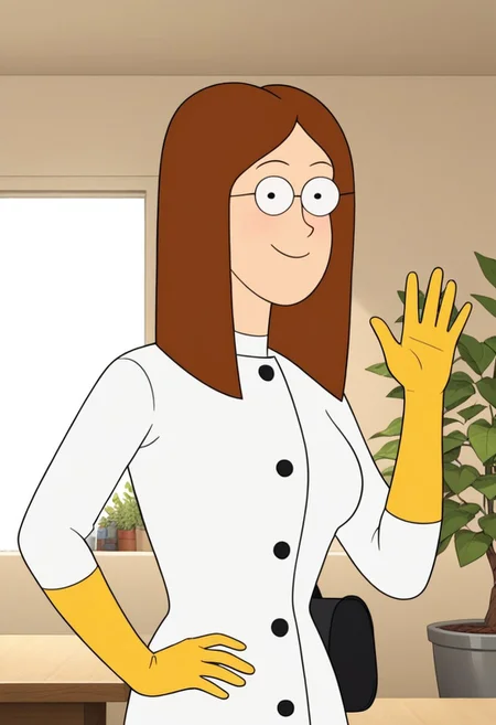 ((room background)),score_9, score_8_up, score_7_up,score_6_up,
1girl, solo, Pam_RS, light skin, black eyes, round glasses, long straight hair, light brown hair, white lab coat, yellow gloves, grey pants, tall black boots, big eyes, cute, tall stature, social smile, perfect eyes, perfect smile, looking at the viewer, detailed eyes, perfect eyes, standing, big breasts (front pose, bust shot, close up to face, face portrait:1) five fingers, perfect hands, hand on hip, hand up