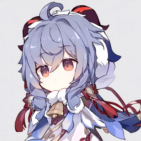 masterpiece,best quality,<lora:ganyu_new:1>,ganyu_(child), 1girl, ganyu \(genshin impact\), solo, white background, neck bell, hood, chibi, simple background, fur trim,