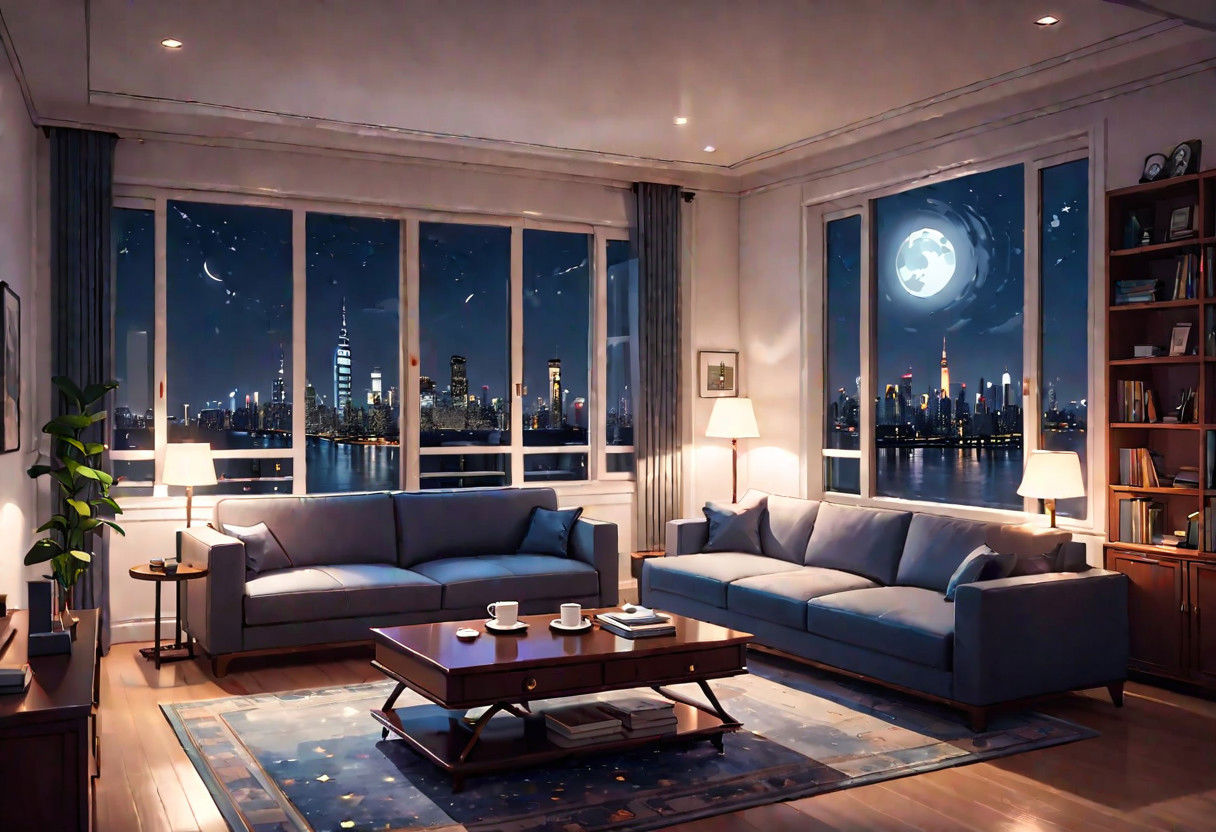 ((front view)), Shallow scene, ((animation style)), modern-style interior, with white walls, (large windows), a  study, Sofa, coffee table, bookcase, single wall, gloomy room, Turn off the indoor lights and turn on only the desk lamp, Warm lights, quiet and mysterious night sky, starry sky, moonlight, city night view, (City high-rise building scenery), (City scenery outside the window)