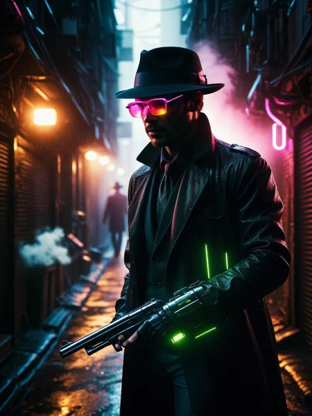 man walking down a dark alley, rain, (glowing glasses, fedora, gun:1.3), steam, garbage<lora:Neon_Noir_SDXL:0.8> mad-neon-noir, masterpiece, best quality, ultra high res, (photorealistic, realistic:1.2), deep shadow, raw photo, film grain, Fujifilm XT3, 8k uhd, dslr