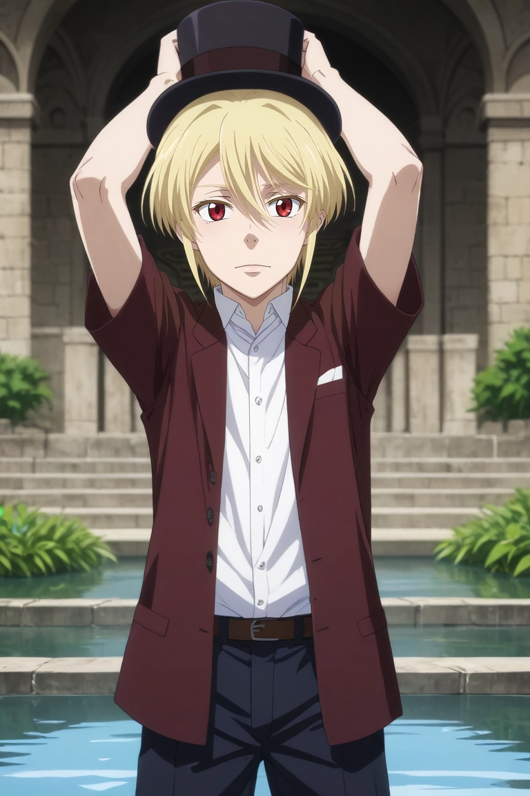 score_9, score_8_up, score_7_up, source_anime, rating_safe, , (realistic:0.6), looking at viewer, depth of field, 1boy, solo, male focus, <lora:william_james_moriarty_pony:0.96>, william_james_moriarty, blonde hair, red eyes, short hair, , top hat, aged down, from below, pond, arch, japanese architecture, day, sunny, arms up, tearing up, polo shirt,, <lora:sdxl_lightning_8step_lora:1>