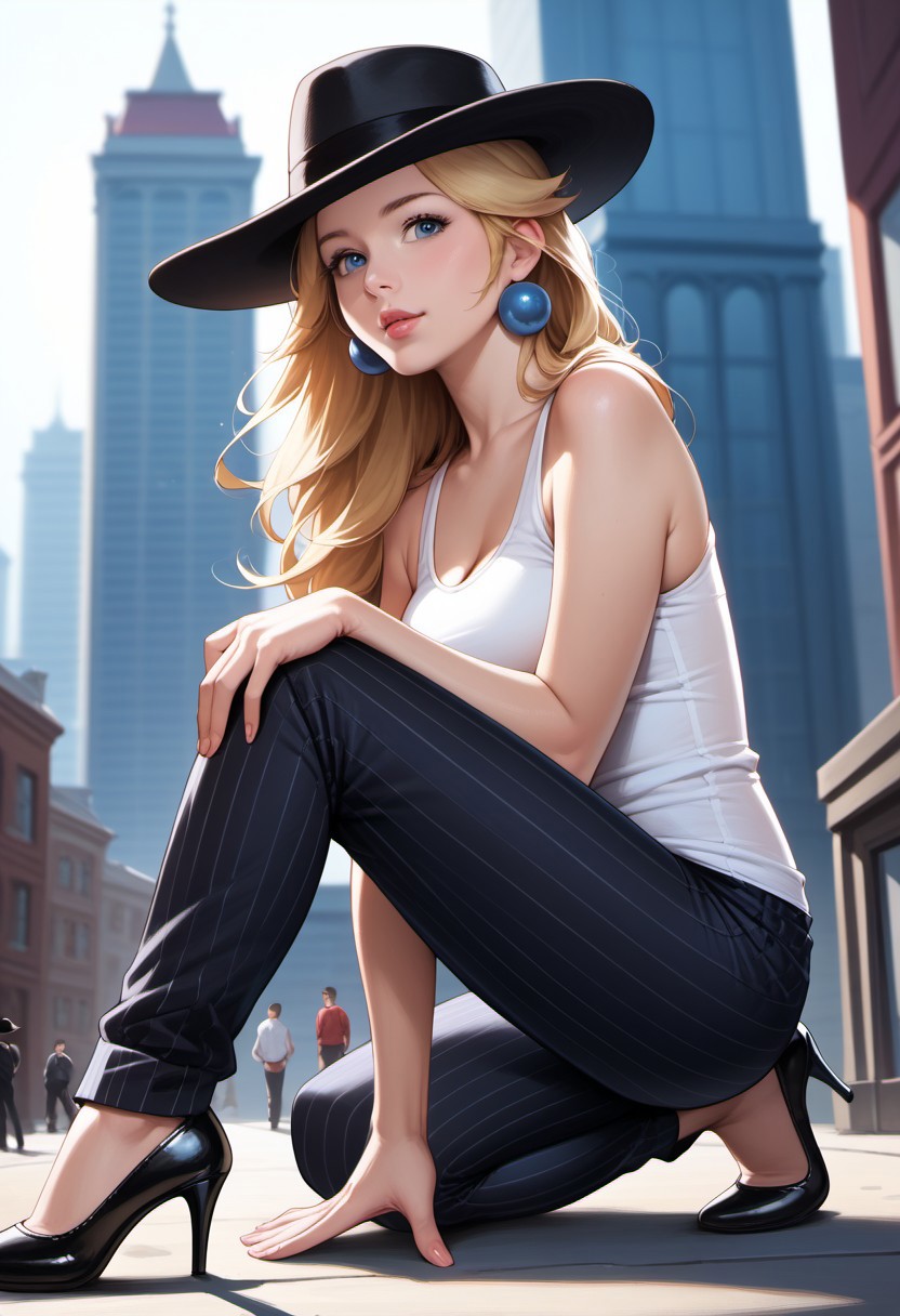 score_9, score_8_up, score_7_up, score_6_up, score_5_up, score_4_up, high quality, (photorealistic), (Extremely detailed), 1.5, <Lora:add-detail-xl:1.5>, princess peach, blonde hair, blue eyes, long hair, black fedora hat, white tank top, black pinstripe suit pants, striped pants, black mule heels, Marco, Giantess, giga size, gigantic, city, sitting, ((kneeling down)), on one knee, looking down, ((hand on leg)), ((arm on knee))