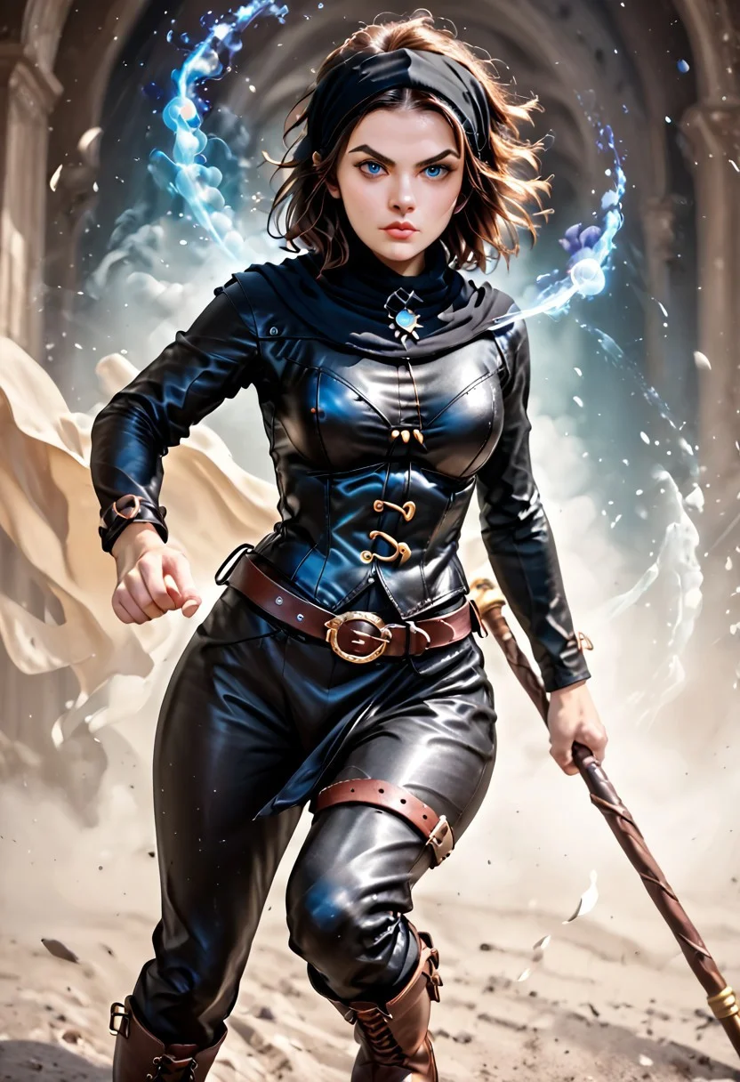 score_9, score_8_up, score_7_up, score_6_up, score_5_up, score_4_up, (1girl), detailed, healthy, athletic, beautiful, female, action shot, pale skin, bright blue eyes, covered from neck to toe, wizard, ((black bandana covering hair), black shoulder length hair), (belt, black bodysuit, black femloin, black loincloth, black buckled boots, black leather bodysuit with white embroidered runes, corset), magical staff, (baby raven perched on her shoulder)