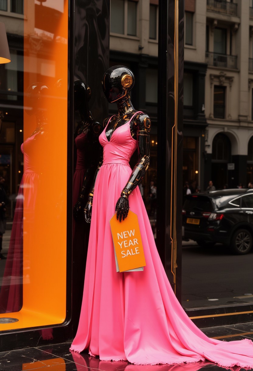 <lora:ck-Sci-Fi-Concepts:0.7>, ( model wearing a pink dress with a tag that says " NEW YEAR SALE" in red), in the style of ck-sfc,sleek futuristic translucent robotic model in a black and orange carbon fiber finish; posed elegantly in a window shop display, seen through a mirror reflection from the street; dramatic black-orange gradient backdrop with wavy ripple reflections; professional lighting with silk diffusion, CTO-gelled rim light, and haze for ethereal atmosphere; hyper-detailed, cinematic realism
<lora:ck-shadow-circuit:0.9> in the style of cksc,