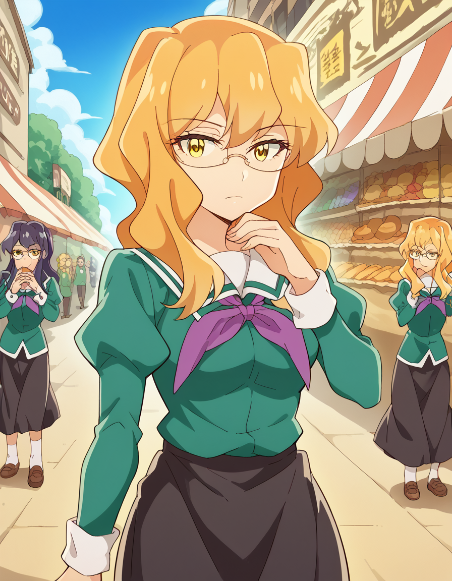 score_9, score_8_up, score_7_up, source_anime, <lora:sumika-chibana-s1-ponyxl-lora-nochekaiser:1>, sumika chibana, long hair, blonde hair, yellow eyes, glasses,, skirt, long sleeves, school uniform, puffy sleeves, serafuku, purple neckerchief, green shirt, black skirt, long skirt,, street market, vendor, street food, bustling crowd, local flavor, vibrant, , <lora:gendou-pose-ponyxl-lora-nochekaiser:1>, gendou pose, own hands clasped, own hands together, parody,, looking at viewer, solo,, dutch angle, cowboy shot