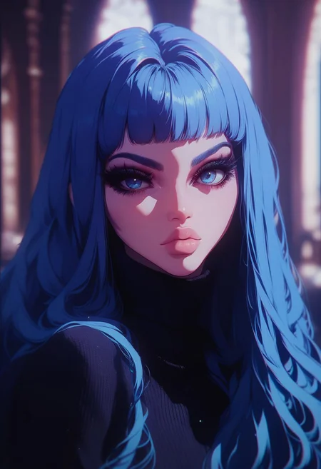 score_9, score_8_up, score_7_up, score_6_up,
SHSLG, 1girl, solo, long hair, blue hair, looking at viewer, portrait, bangs, blue eyes, closed mouth, turtleneck, blurry background, lips, piercing, blurry, eyelashes, puffy lips, sharp cheekbones