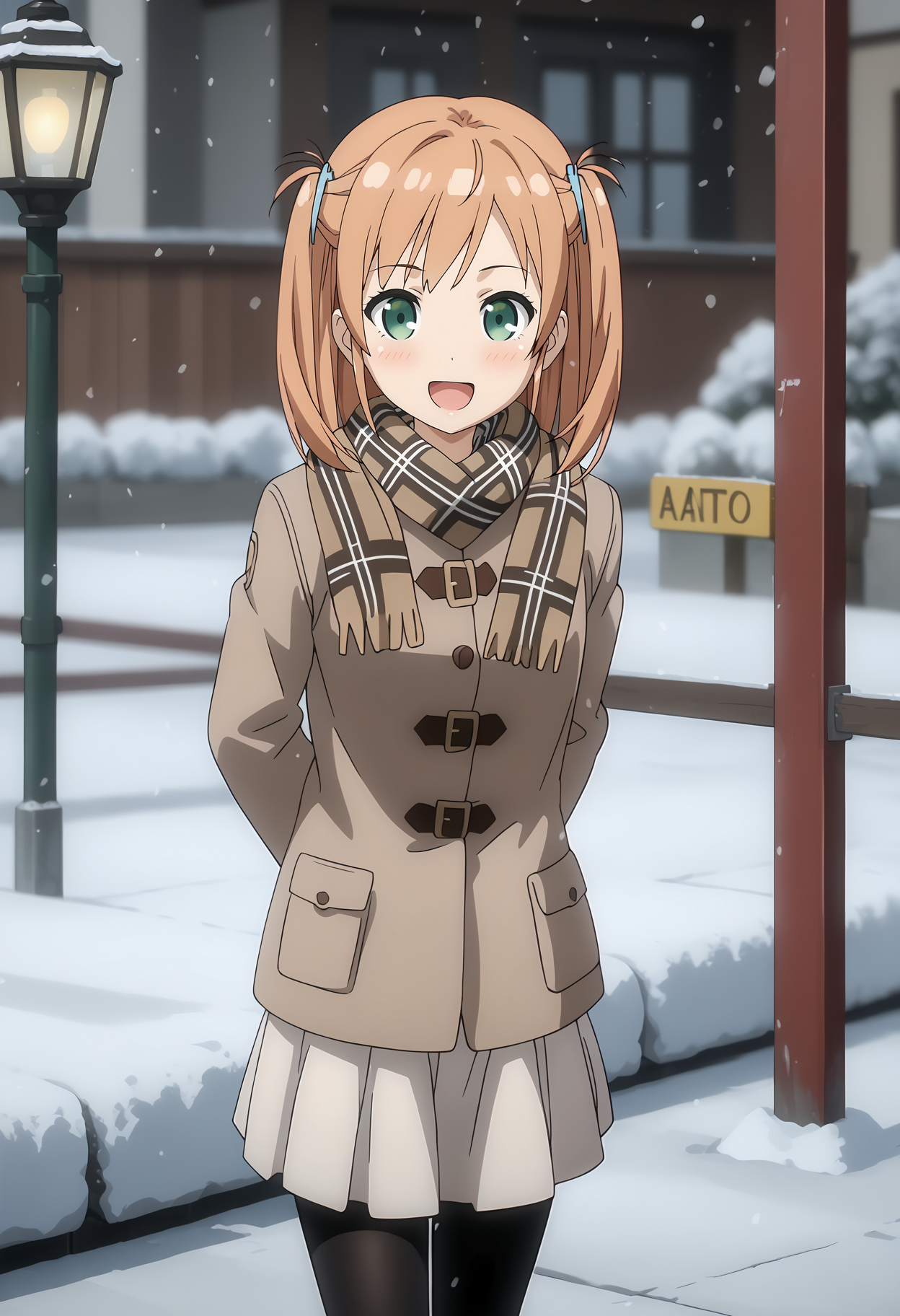 anime screencap,
<lora:OneRoom_NanahashiMinoriXL:0.9>,
1girl, solo, open mouth, light smile, blush,
two side up, orange hair, green eyes, hairclip,
MinoriWinter, brown coat, plaid scarf, brown scarf, long sleeves, white mittens, pleated skirt, white skirt, black pantyhose,
arms behind back, cowboy shot, walking, standing, looking at viewer,
winter, snow, snowing, street lamp, outdoors, blurry background