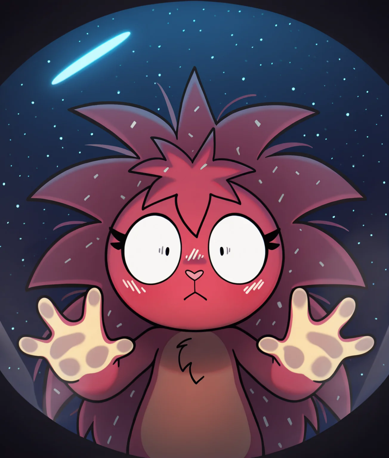 masterpiece, best quality, safe, (furry female:1.2), flaky \(htf\), solo, red fur, porcupine, spines, dandruff, :/, space station, looking out viewport, low lighting, awestruck, wide-eyed, hands pressed against glass, sci-fi tones, glowing blush, dreamy, amazed, by angstrom, 4k, shading, <segment:yolo-Canine.pt,0.2,0.4//cid=1><segment:yolo-Face.pt,0.2,0.4//cid=2>
