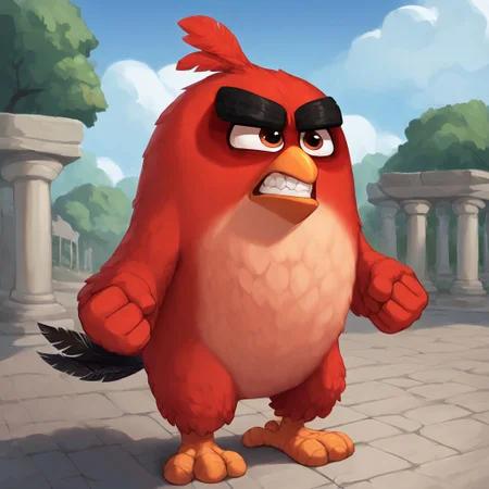 angry birds, red_bird, score_9, score_8_up, score_7_up, score_6_up, score_5_up, score_4_up, source_furry, hi res, sfw. 2D artwork.
red plumage, robust body, black eyebrows, thick eyebrows, small beak, brown eyes, round body, red head tuft, tail feathers, feathered hands, winged arms, under-eye circles, bird, short legs, solo, avian feet
angry expression, standing, clenched teeth, clenched fists.
On a park, blue sky, clouds.