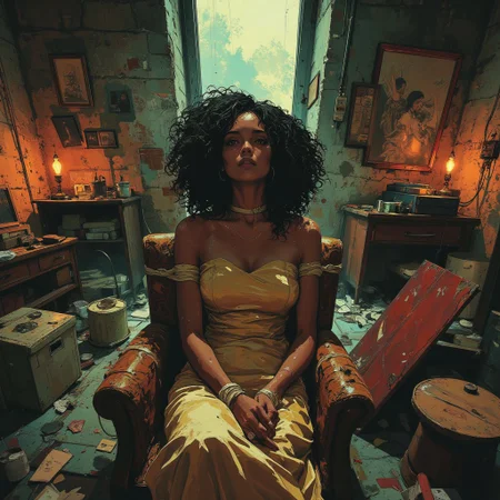 Create a photorealistic bird-eye image of a scared curly black woman attached to an armchair. Her hands are tied behind her back. She wears a satin evening dress and is looking in camera. She's scared in a dirty basement full of old furniture, worn cardboard boxes, old rusty objects, trash and litter everywhere. The dim light enter from a small window up on the wall. A vibrant web of digitally captured tones and textures, best quality, double exposure, realistic, captivating, fantastical, splash art, intricately detailed, hyper detailed, maximalist style, photorealistic, concept art, sharp focus, drama, fear, tension, mysterious glow, dynamic lighting, masterpiece, superb composition, finest details, highest aesthetic, ((front view)), mystical glow, best quality, sharp focus, high contrast, stylized, clear, colorful, ultra quality, 8k, best quality, masterpiece, award winning, a breathtaking masterpiece, award winning, DB4RZ, DB4RZ style painting, NeoPigma, in the style of cksc, anime, cyberpunk