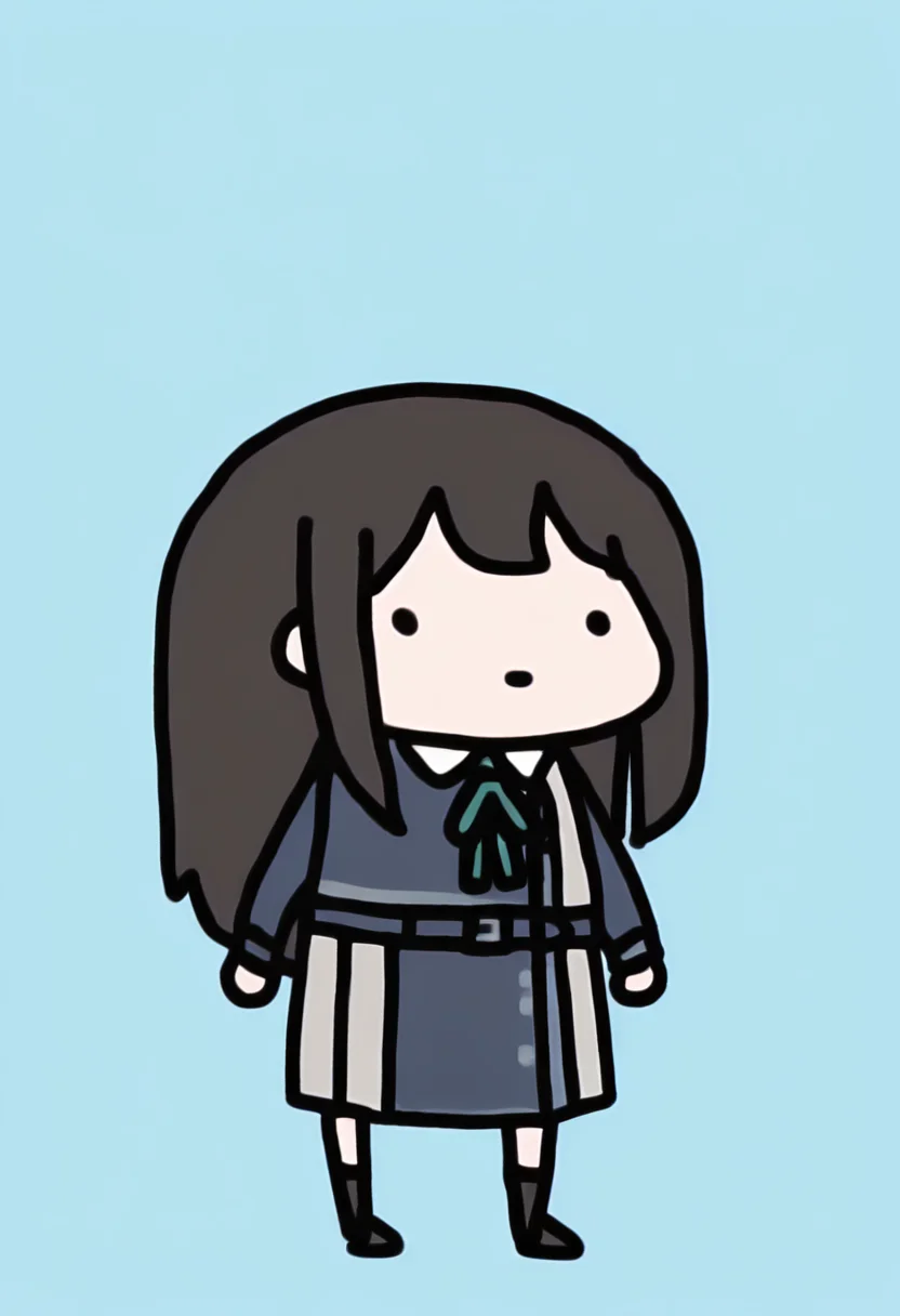 masterpiece, best quality, chibi, full body, solo, 1girl, t4k1n4, standing, dot eyes, black hair, long hair, sidelocks, green neck ribbon, two-tone dress, blue dress, grey dress, pleated dress, long sleeves, white collared shirt, blue belt, black kneehighs, simple background