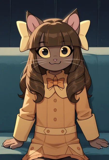 score_9, score_8_up, score_7_up, score_6_up,source_anime, cinematic shadow, cinematic light, cute and sensitive, soft skin, characters focus, detailed eyes, detailed skins,rating_explicit, cowboy shot,ivy, brown long hair,braids,blunt bangs,black eyes, colored sclera, yellow sclera, no human, furry, brown furr, cat ears,ivydress, orange bowtie,yellow coat, yellow hair bow, solo, younger, sitting, arm support, smile,