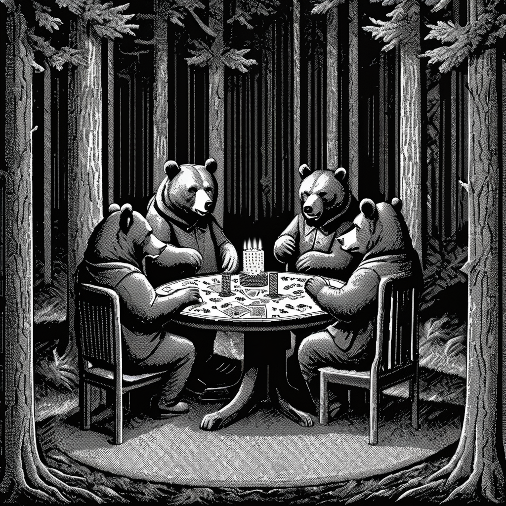 <lora:Macpaint-XL-000015:1>, Macpaint, bears sitting around a table playing cards in a dark forest at night, highly detailed, pixel art, best quality, masterpiece, dithering, intricately detailed