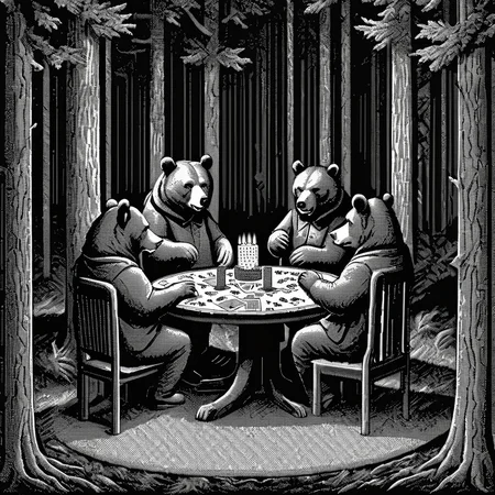 <lora:Macpaint-XL-000015:1>, Macpaint, bears sitting around a table playing cards in a dark forest at night, highly detailed, pixel art, best quality, masterpiece, dithering, intricately detailed