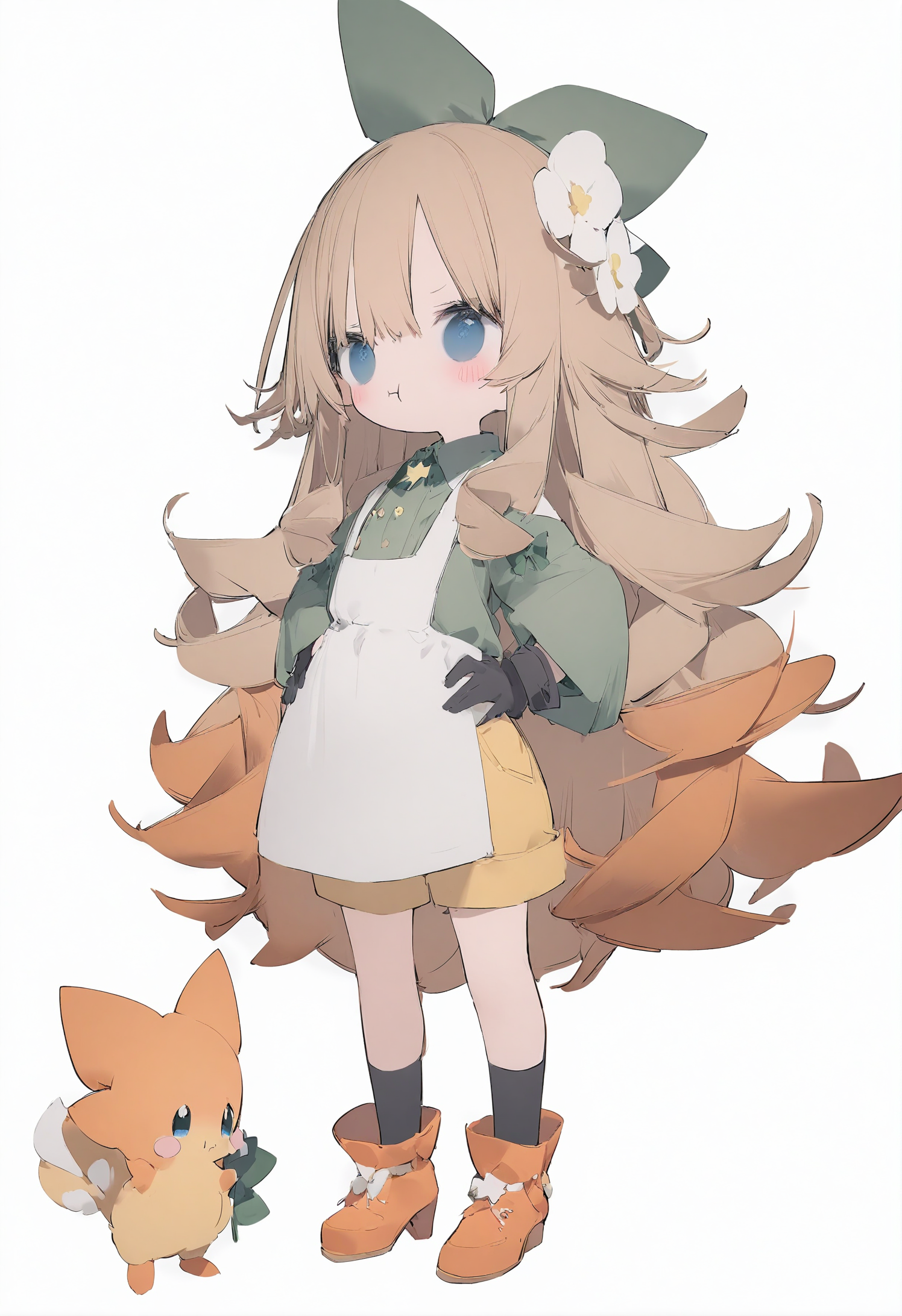 1girl, 
nanmokaken, 
orange hair, orange footwear, white dress, brown hair, cloud, star \(symbol\), simple background, crossover, wavy hair, hands on own hips, blue eyes, bow, yellow shorts, holding, sidelocks, multicolored hair, full body, :t, gloves, sunglasses, shirt, flower, pout, hair ornament, black legwear, green bow, grey background, hair flower, green shirt, dress, long sleeves, black gloves, blush stickers, gradient hair, very long hair, hair bow, closed mouth, standing, long hair, pokemon \(creature\), shorts, high heels, 
masterpiece, best quality, newest,  safe
 <lora:nanmokaken_image36_2024-03-28_a31-000045:1>