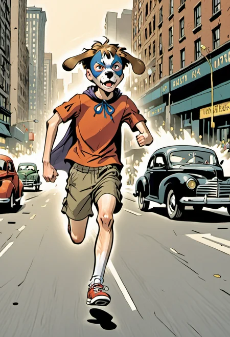 <lora:DogboyXL:.8> A 14-year-old Dogboy sprinting through a bustling city street dodging cars