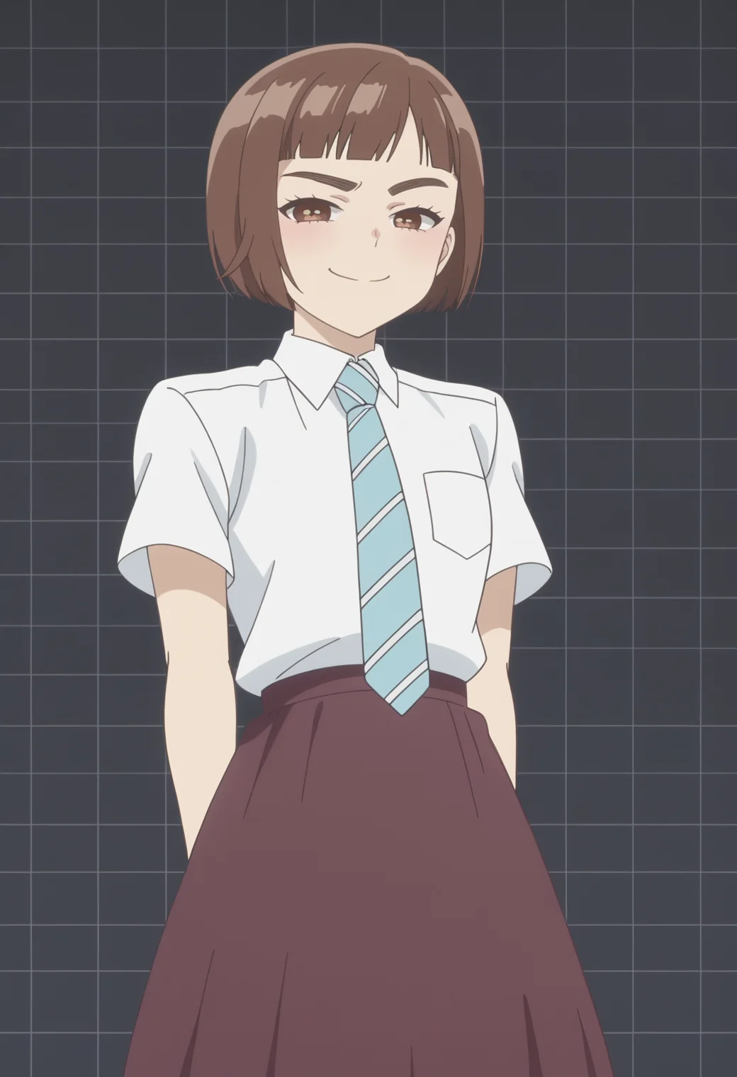 score_9, score_8_up, score_7_up, anime screencap, BREAK, 1girl, solo <lora:DX888Kazusa:1> onodera kazusa, brown eyes, brown hair, thick eyebrows, bob cut, micro bangs, school uniform, long skirt,  necktie, BREAK
 smug,  side smile, lowered eyelids, arrogant smile,  smug smile,, dark gray background, simple background, grid background,,  Thumbing forward, thumb extended