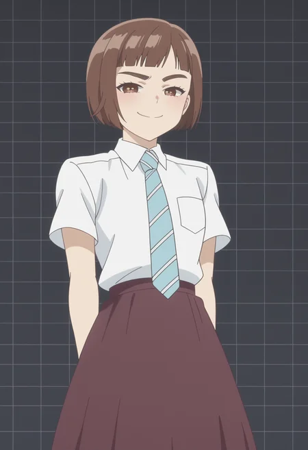 score_9, score_8_up, score_7_up, anime screencap, BREAK, 1girl, solo <lora:DX888Kazusa:1> onodera kazusa, brown eyes, brown hair, thick eyebrows, bob cut, micro bangs, school uniform, long skirt,  necktie, BREAK
 smug,  side smile, lowered eyelids, arrogant smile,  smug smile,, dark gray background, simple background, grid background,,  Thumbing forward, thumb extended