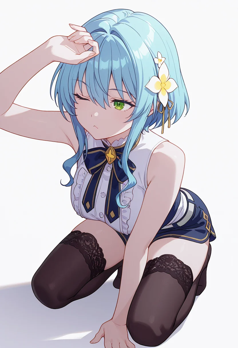 Smooth Quality,masterpiece,very intricate, high quality details, ultra realistic, high detailed skin,detailed enviorement,absurdres,
Hand on own forehead,
 <lora:Villhaze_CNR:0.8> villhaze_cnr, 1girl,blue hair, short hair with long locks, green eyes, hair between eyes, hair flower,bare shoulders,, simple background, white background, from side,
kneeling, one hand on ground, reaching forward, focused, tense,  ,, ;<,, button-up vest, ,blouse, ,lace thighhighs,  ,
